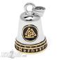 Preview: Vegvisir und Valknut zusammen mit goldenen Runen auf einer Biker-Bell aus Edelstahl Preview: Vegvisir und Valknut zusammen mit goldenen Runen auf einer Biker-Bell aus Edelstahl