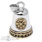 Preview: Vegvisir und Valknut zusammen mit goldenen Runen auf einer Biker-Bell aus Edelstahl Preview: Vegvisir und Valknut zusammen mit goldenen Runen auf einer Biker-Bell aus Edelstahl