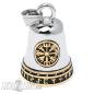 Preview: Vegvisir und Valknut zusammen mit goldenen Runen auf einer Biker-Bell aus Edelstahl