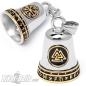 Preview: Vegvisir und Valknut zusammen mit goldenen Runen auf einer Biker-Bell aus Edelstahl