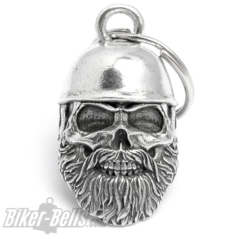 Oldschool Biker Totenkopf mit Bart und Helm Braincap Motorrad Glücksbringer Glocke
