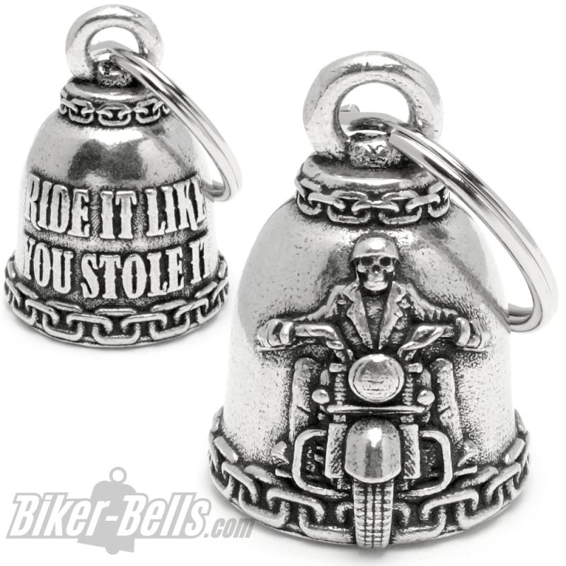 Geile Biker-Bell "Ride It Like You Stole It" mit Ketten und Flammen Motorradglocke