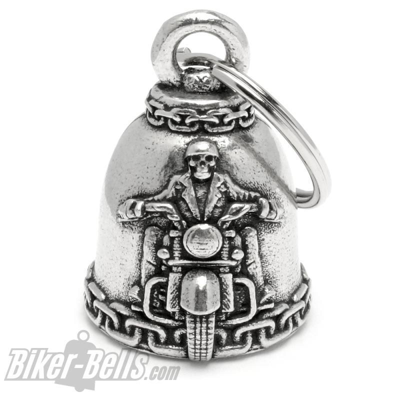 Geile Biker-Bell "Ride It Like You Stole It" mit Ketten und Flammen Motorradglocke