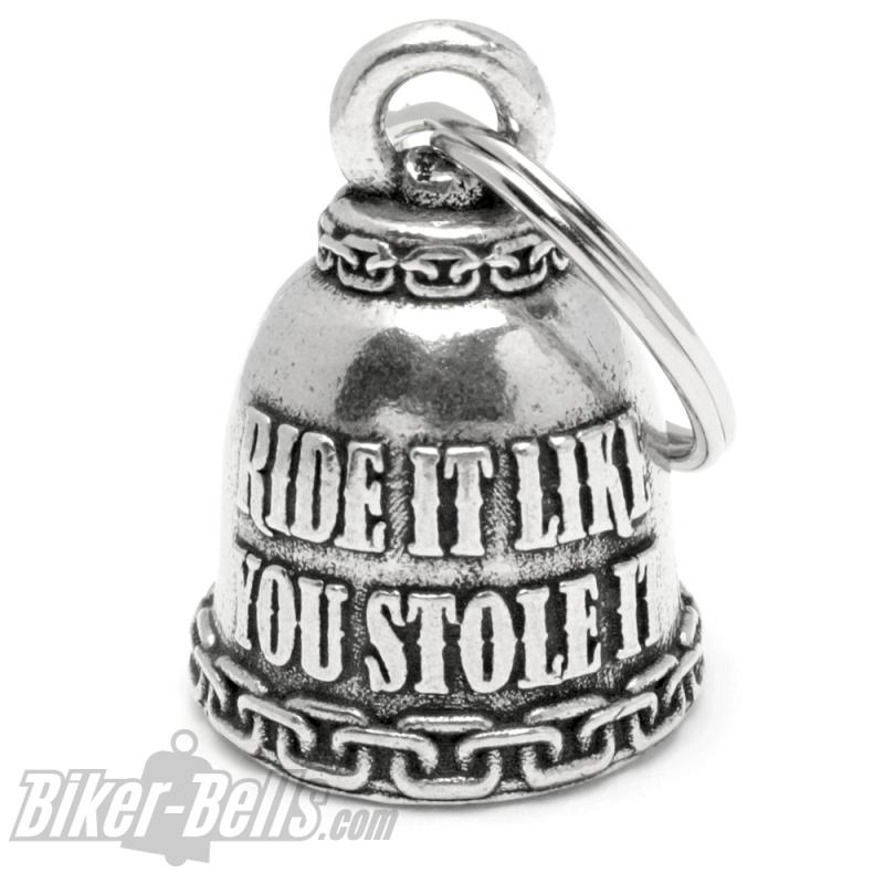 Geile Biker-Bell "Ride It Like You Stole It" mit Ketten und Flammen Motorradglocke