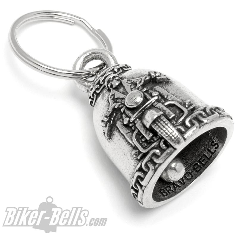 Geile Biker-Bell "Ride It Like You Stole It" mit Ketten und Flammen Motorradglocke