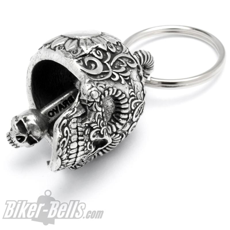 Preview: 3D Skull Biker-Bell Decorated With Flowers Mexican Candy Skull Ride Bell