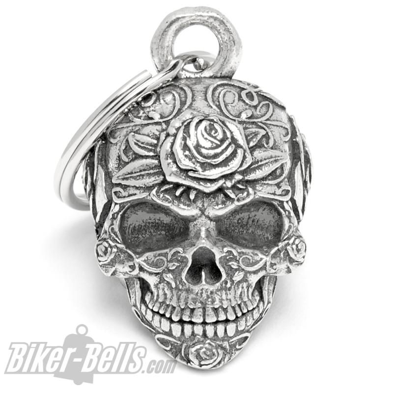 3D Totenkopf Bravo Bell verziert mit Rosen Blumen Candy Skull Biker Lady Geschenk