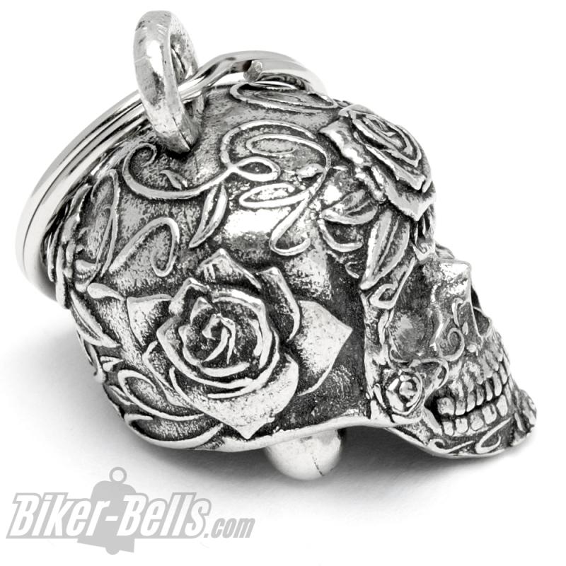 3D Totenkopf Bravo Bell verziert mit Rosen Blumen Candy Skull Biker Lady Geschenk