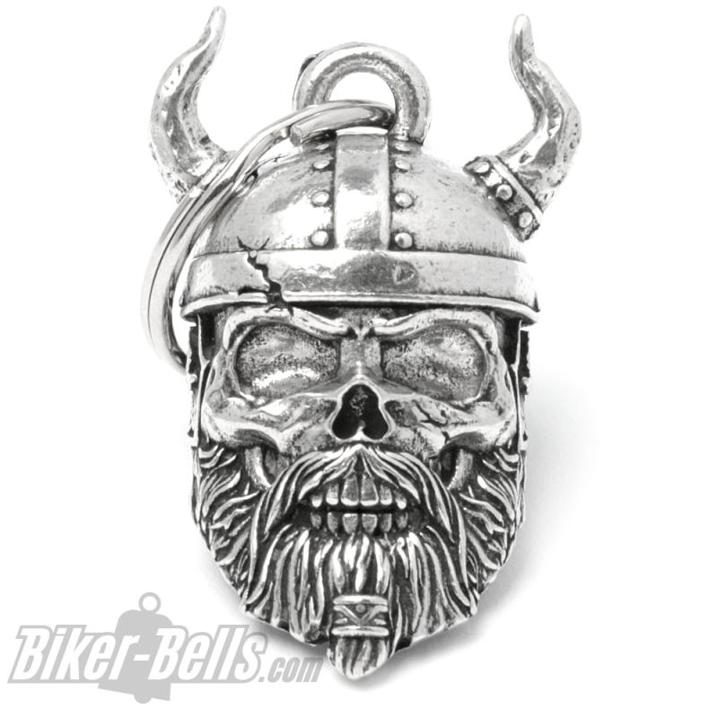 3D Wikinger Totenkopf Biker-Bell mit Bart und gehörntem Helm Glücksbringer Glocke