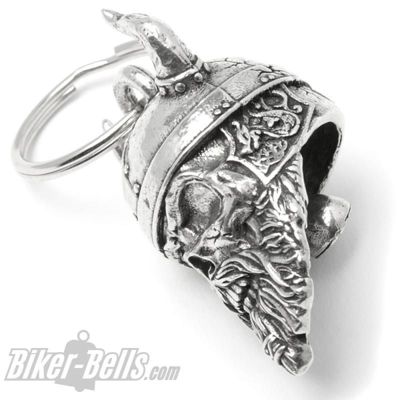 3D Wikinger Totenkopf Biker-Bell mit Bart und gehörntem Helm Glücksbringer Glocke