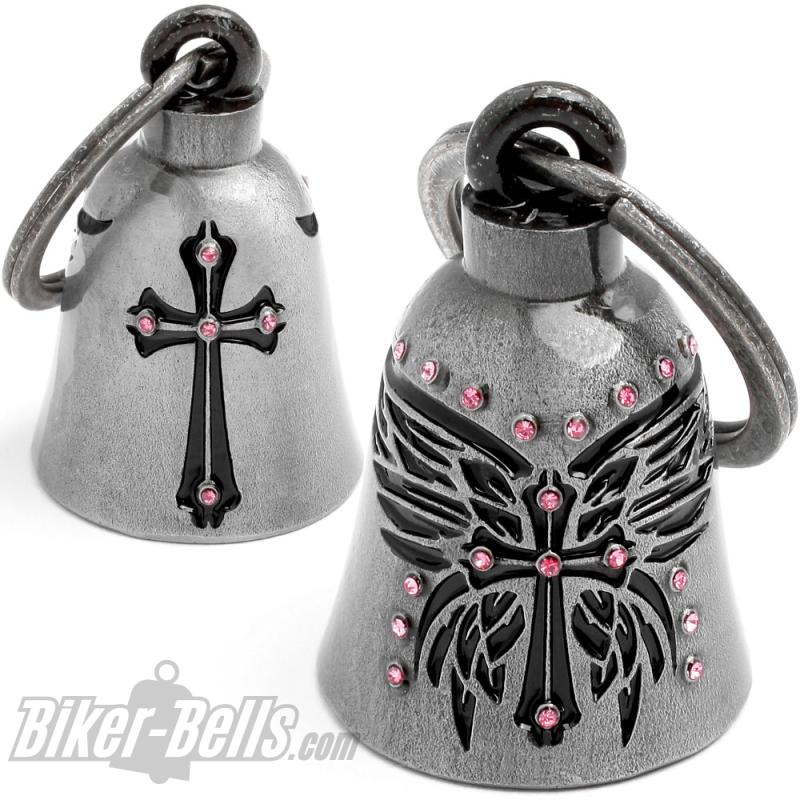 Lady Biker-Bell Kreuz mit Schmetterling-Flügel pinker Strass Motorradfahrer Geschenk