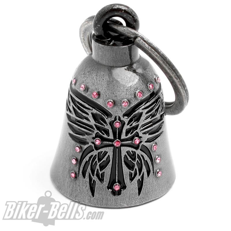 Lady Biker-Bell Kreuz mit Schmetterling-Flügel pinker Strass Motorradfahrer Geschenk