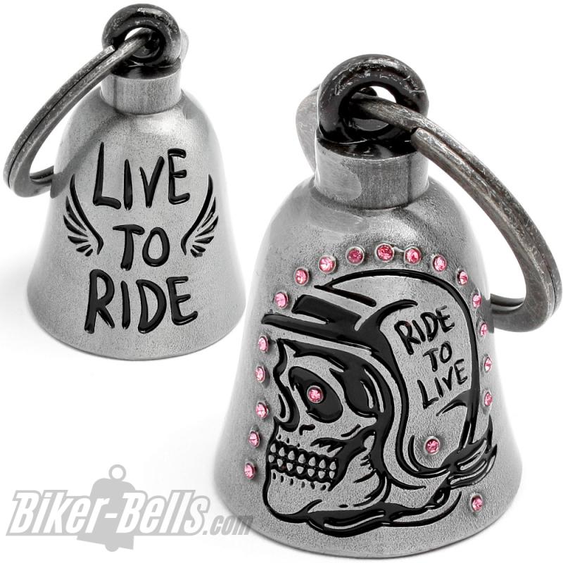 Live To Ride Totenkopf mit Motorrad-Helm Dunkelgrau Pink Strass Biker Glücksbringer