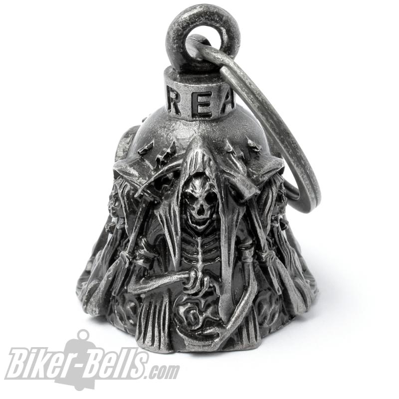 Biker Bell with 3 Grim Reapers or Norns Motorcycle Lucky Charm Bell Gift