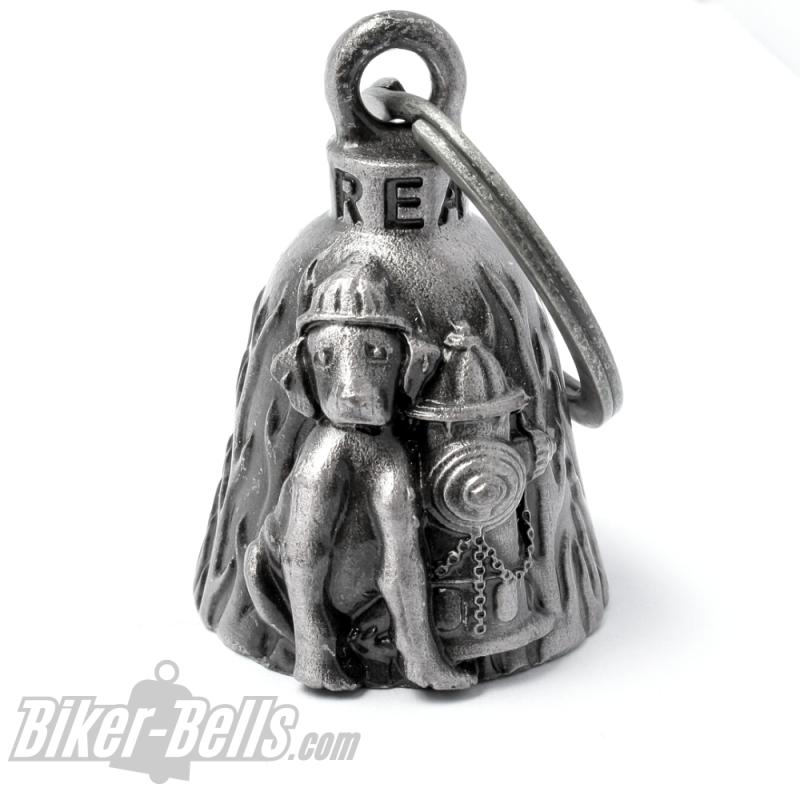 Hund mit Feuerwehrhelm neben Hydrant Feuerwehr Biker-Bell Motorrad Glücksbringer