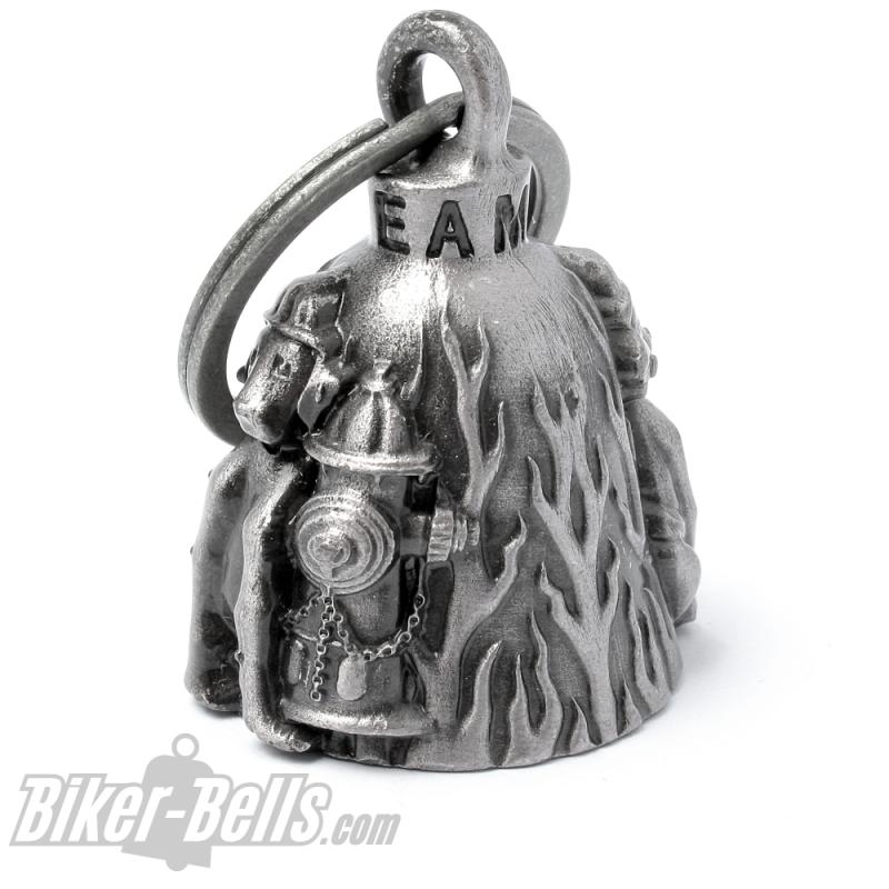 Hund mit Feuerwehrhelm neben Hydrant Feuerwehr Biker-Bell Motorrad Glücksbringer