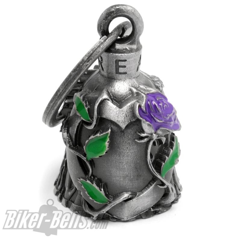 Biker-Bell mit Lila Rose und Herz Motorrad-Liebe Glücksbringer Biker Geschenkidee