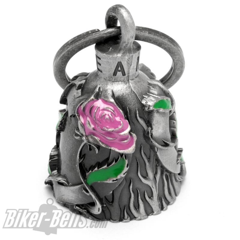 Biker Bell with Pink Rose and Heart Motorcycle Love Lucky Charm Biker Gift Idea