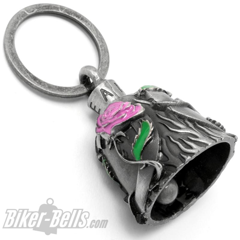 Biker Bell with Pink Rose and Heart Motorcycle Love Lucky Charm Biker Gift Idea