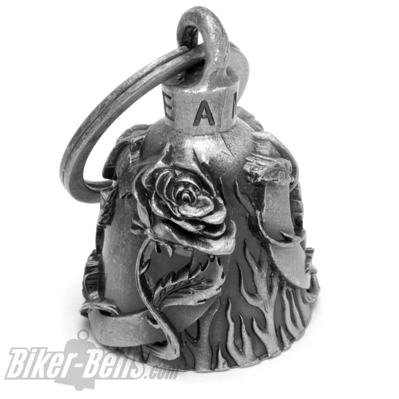 Biker Bell with Rose and Heart Love Motorcyclist Lucky Charm Gift Idea