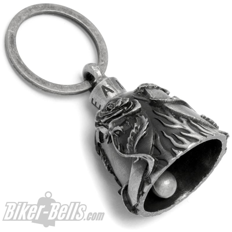 Biker Bell with Rose and Heart Love Motorcyclist Lucky Charm Gift Idea