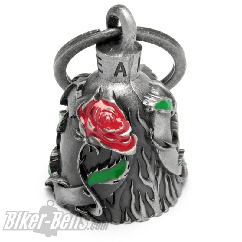 Biker-Bell mit Roter Rose und Herz Motorrad-Liebe Glücksbringer Biker Geschenkidee