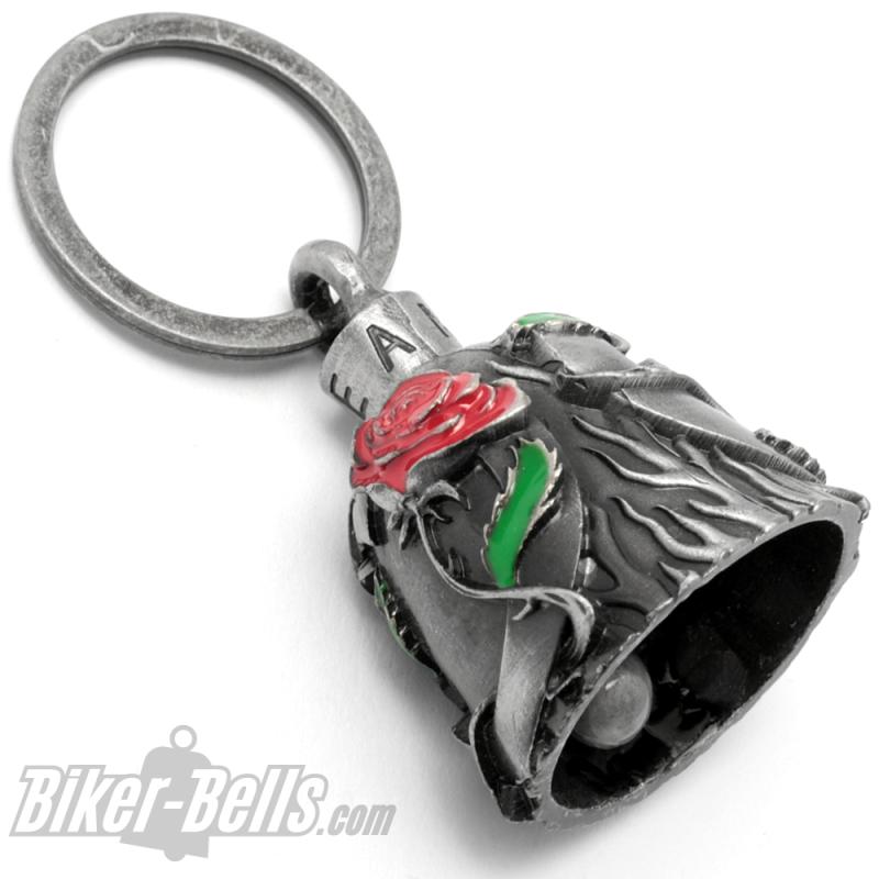 Biker-Bell mit Roter Rose und Herz Motorrad-Liebe Glücksbringer Biker Geschenkidee