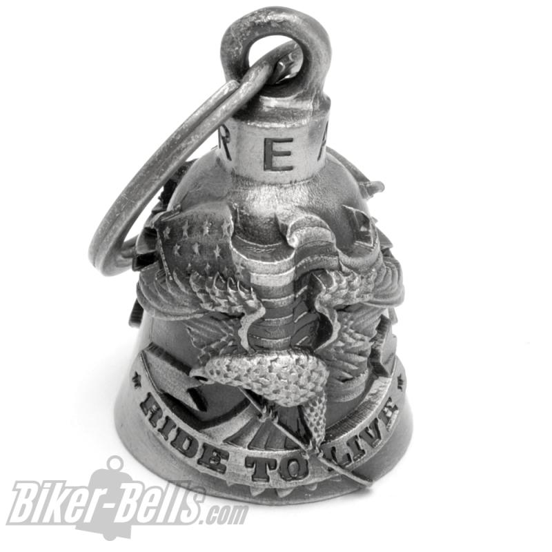 Live To Ride Adler mit US-Flagge auf Biker-Bell Motorrad Glücksbringer Geschenk