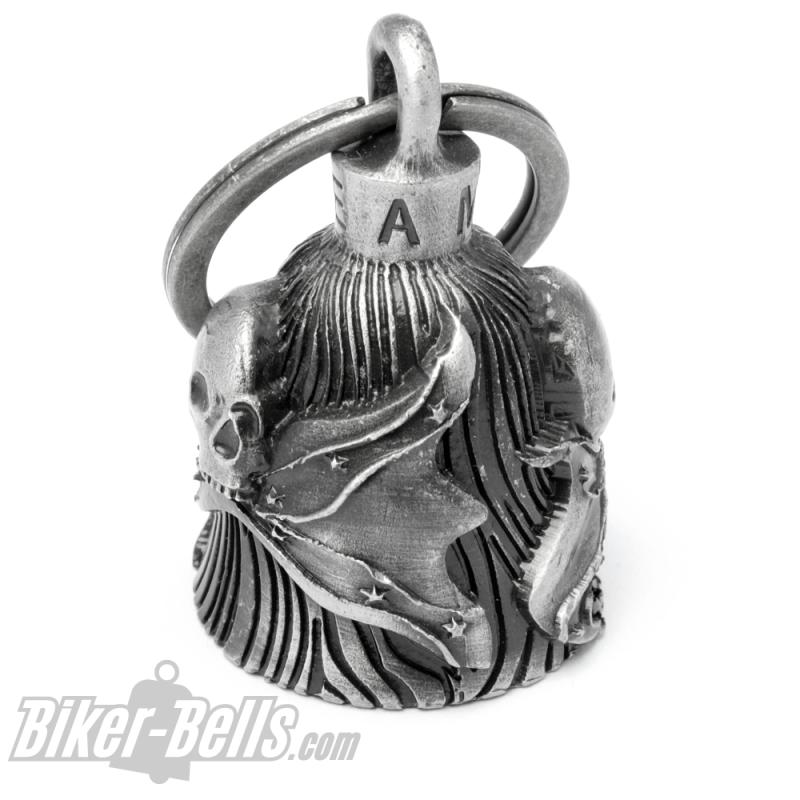 Skull in Front of Southern Flag Motorcyclist Lucky Charm Bell Rebel Bell