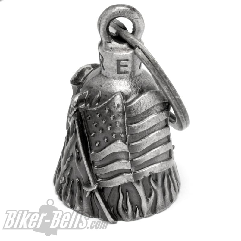 Massive biker bell with detailed US flag motorcycle lucky charm gift idea