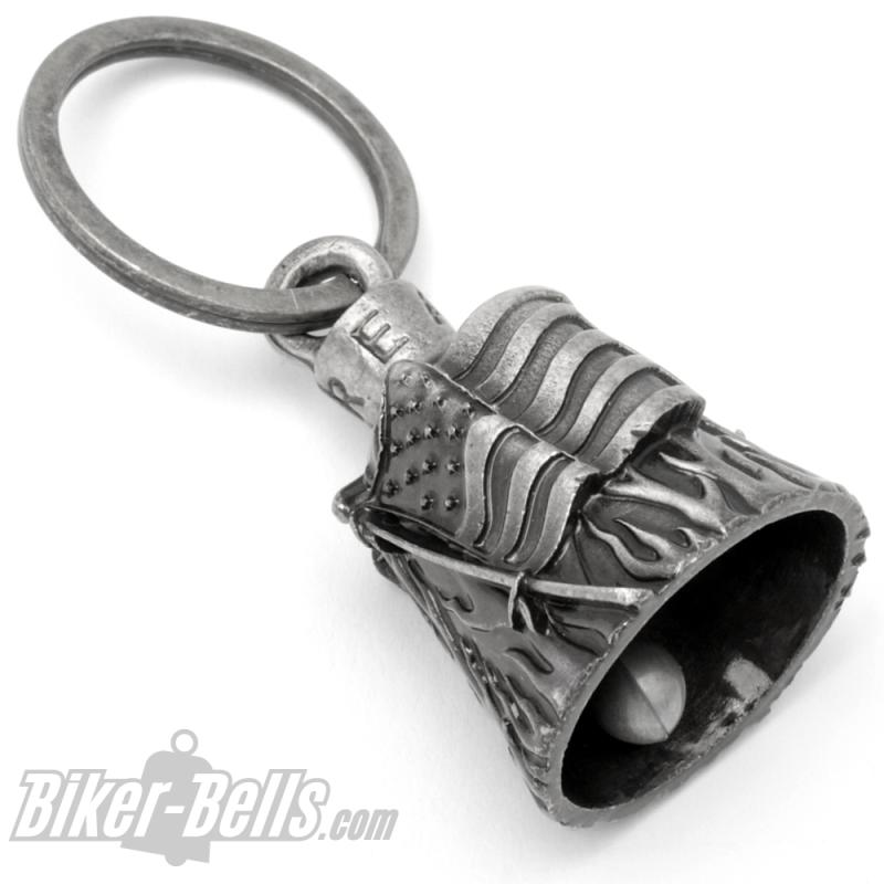 Massive biker bell with detailed US flag motorcycle lucky charm gift idea