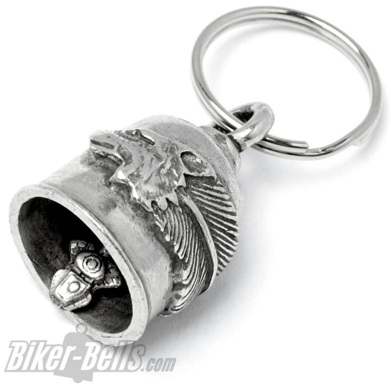 Wolf Spirit Gremlin Bell Glücksbringer Glocke mit Indianer Motiv Biker Geschenk