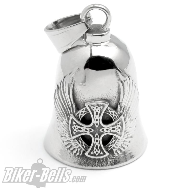 Keltisches Rad-Kreuz auf Edelstahl Biker-Bell silberfarben Motorradfahrer Geschenk