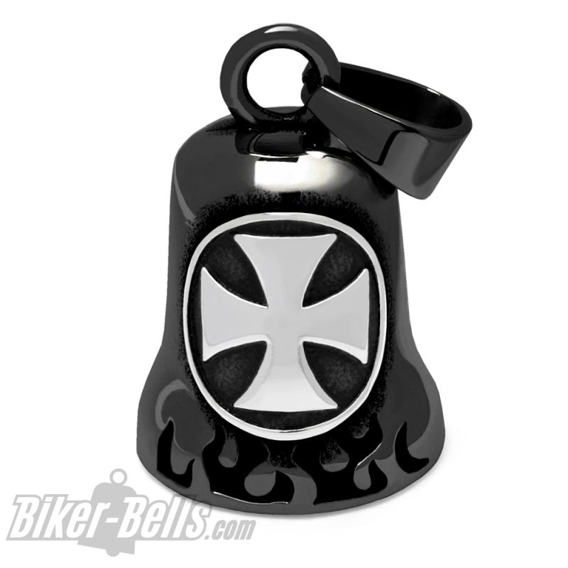 Schwarze Biker-Bell mit silbernem Eisernen Kreuz Edelstahl Motorrad-Glücksbringer