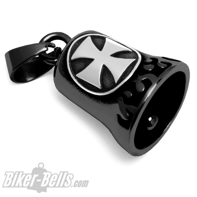 Schwarze Biker-Bell mit silbernem Eisernen Kreuz Edelstahl Motorrad-Glücksbringer