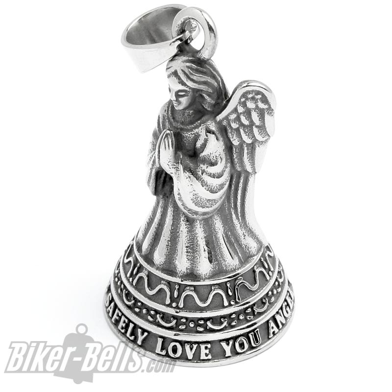 Preview: Betender Engel Biker-Bell aus Edelstahl Ride Safely, Love You, Angel Watch Over You