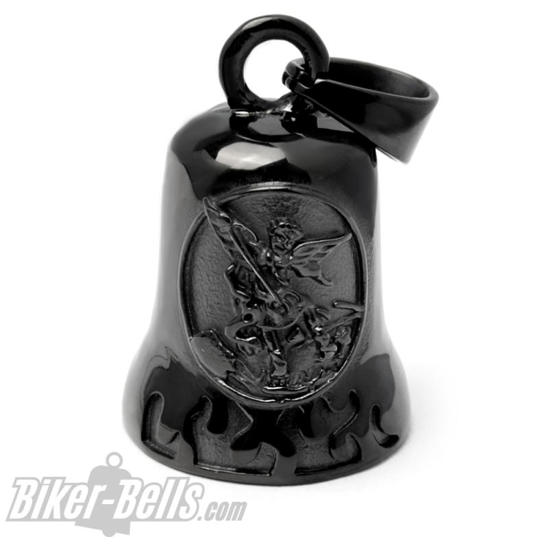 St. Michael on Black Stainless Steel Biker-Bell Archangel Patron Saint Lucky Charm