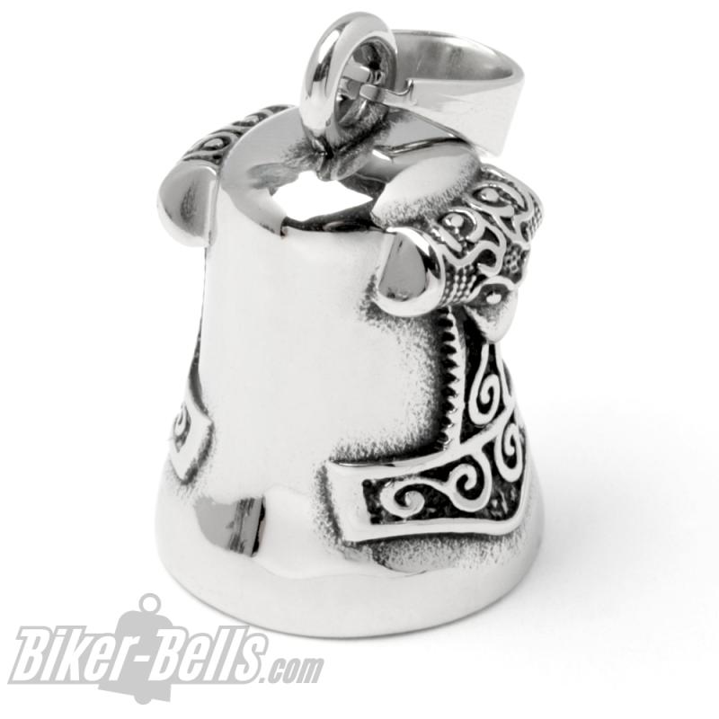 Stainless steel biker bell with Thor's hammer Mjolnir motorcyclist lucky charm gift