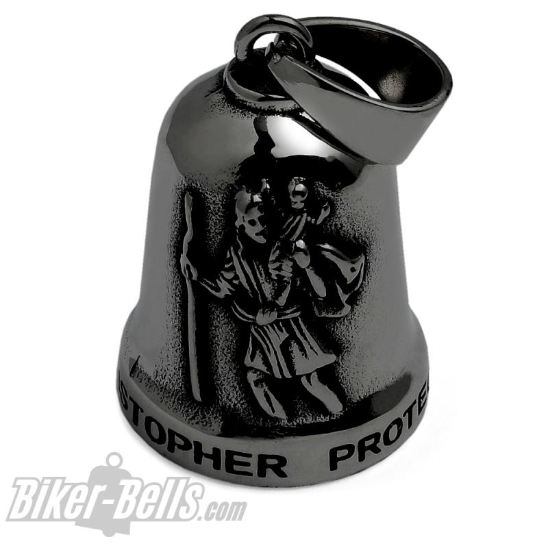 Schwarze Biker-Bell St. Christopher Schutzpatron der Reisenden 316L Edelstahl