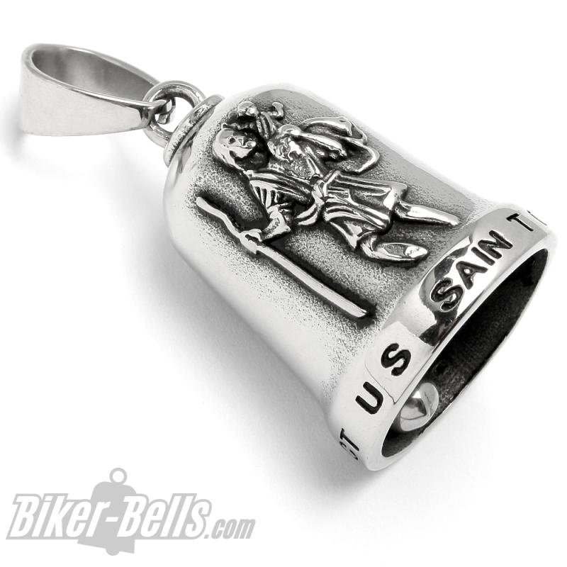 Preview: Edelstahl Biker-Bell mit heiligem St. Christophorus Schutzpatron der Reisenden