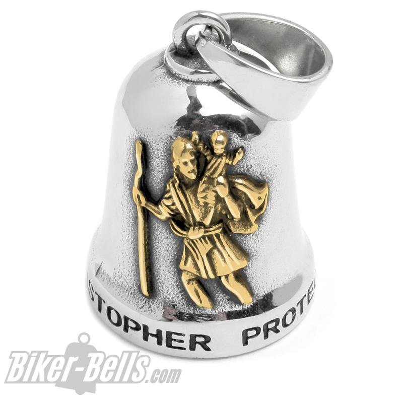 Edelstahl Biker-Bell St. Christopher Schutzpatron der Reisenden silber mit gold