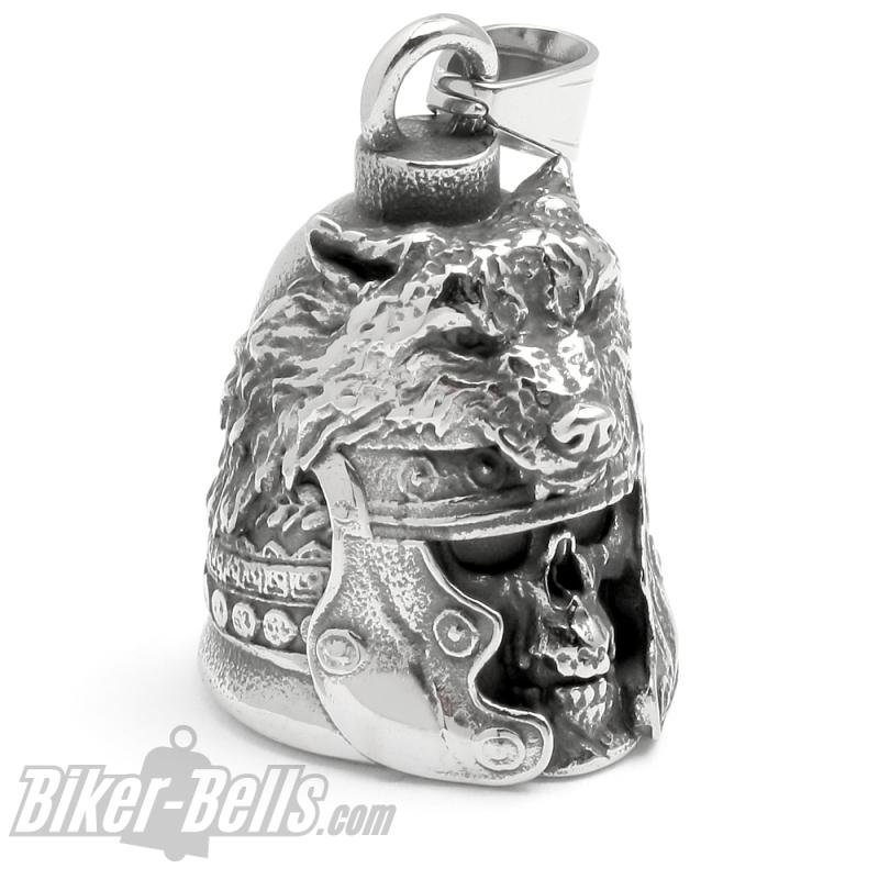 Roman Centurion Skull with Wolf Biker Bell made of Stainless Steel Motorcycle Lucky Charm