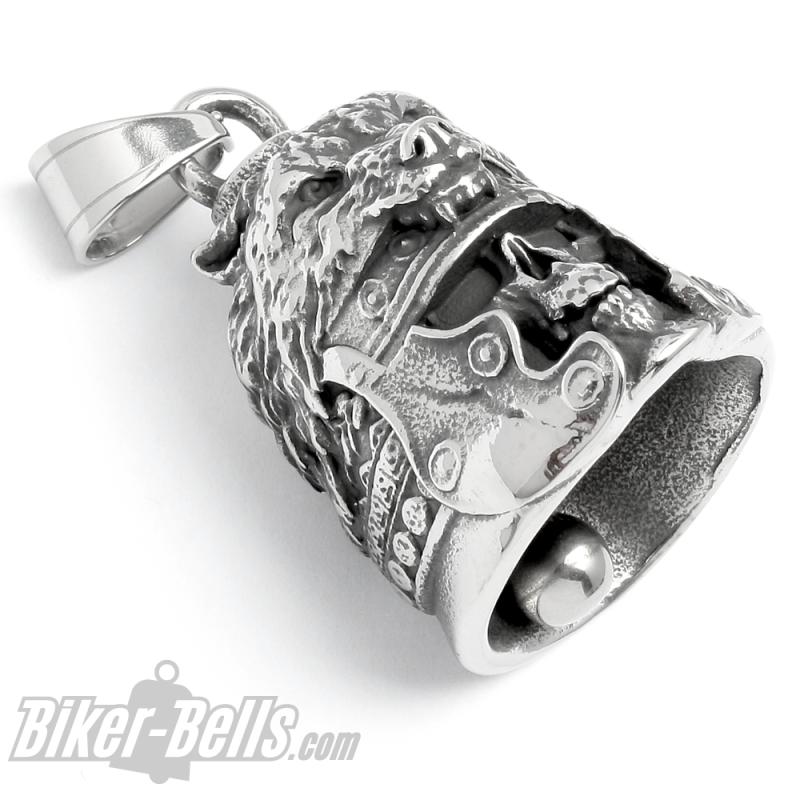 Roman Centurion Skull with Wolf Biker Bell made of Stainless Steel Motorcycle Lucky Charm