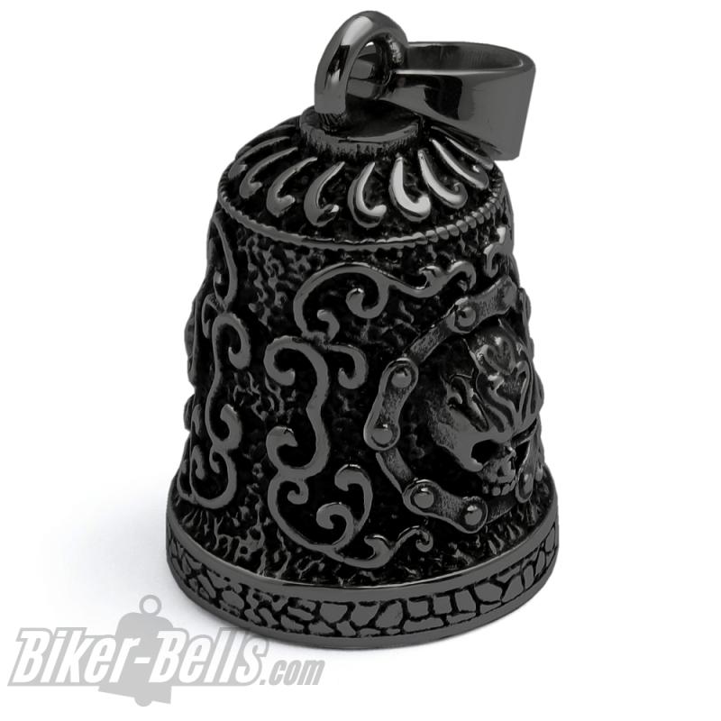 Preview: Biker-Bell Schwarz Verziert mit Totenkopf aus Edelstahl Motorrad Glücksbringer