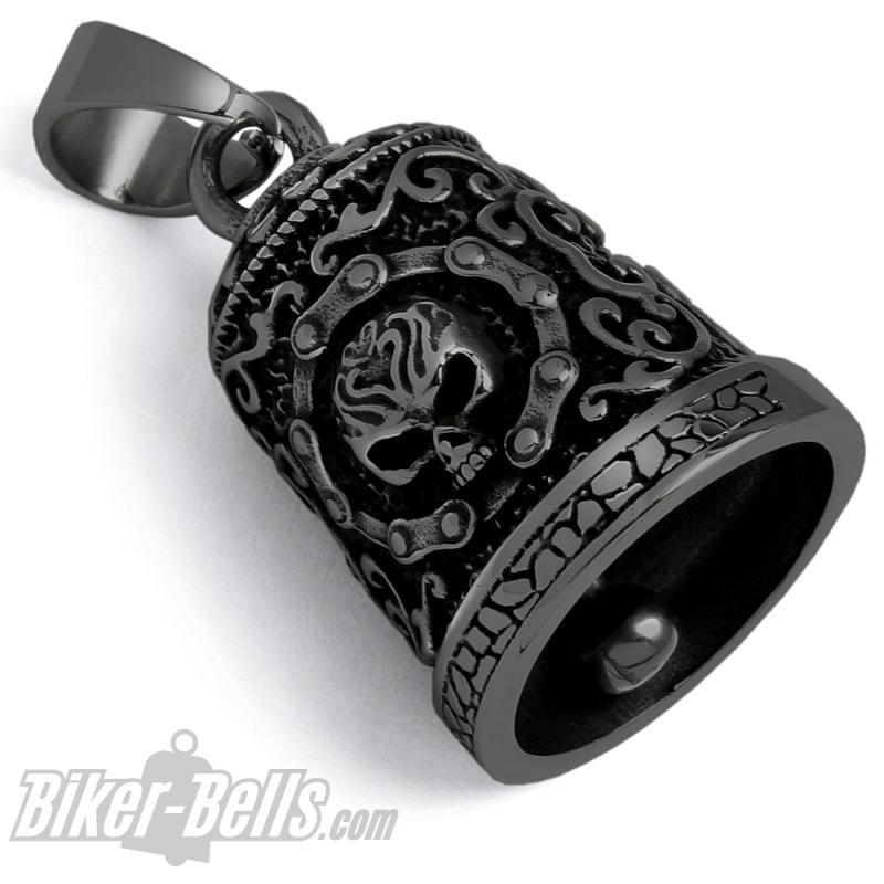 Preview: Biker-Bell Schwarz Verziert mit Totenkopf aus Edelstahl Motorrad Glücksbringer