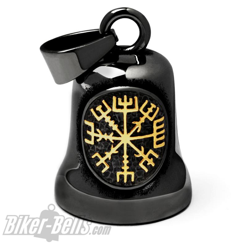 Schwarze Biker-Bell mit goldenem Vegvisir aus Edelstahl Wikinger Biker Glücksbringer