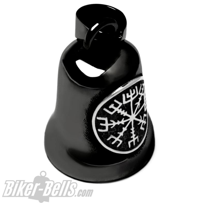 Schwarze Biker-Bell mit silbernem Vegvisir aus Edelstahl Wikinger Biker Glücksbringer