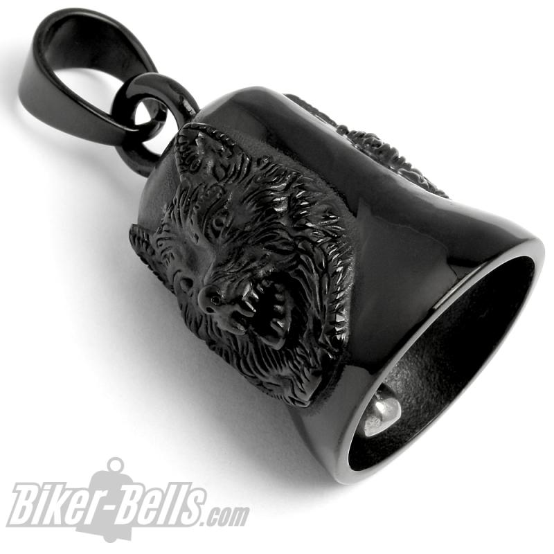 Schwarze Wolf Biker-Bell aus hochwertigem Edelstahl 2 Wolfsköpfe Motorrad Geschenk