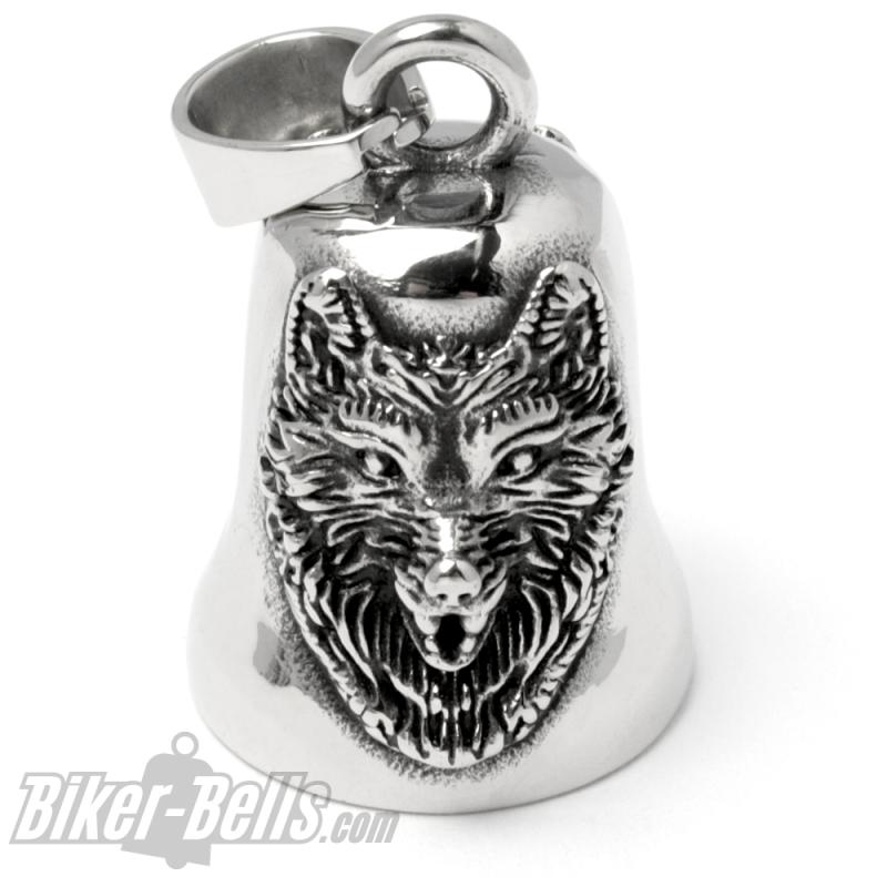 Wolf Bikerbell aus Edelstahl Motorrad Glücksbringer Glocke Biker Geschenk Wolfsköpfe