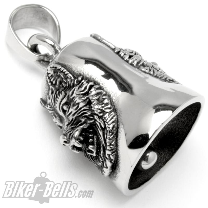 Wolf Bikerbell aus Edelstahl Motorrad Glücksbringer Glocke Biker Geschenk Wolfsköpfe